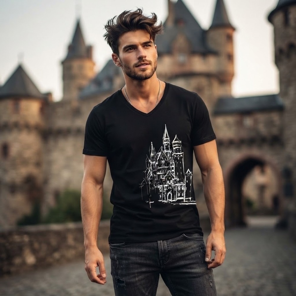 Official Neuschwanstein Castle Graphic T-Shirt XL Black V-Neck Slim Fit